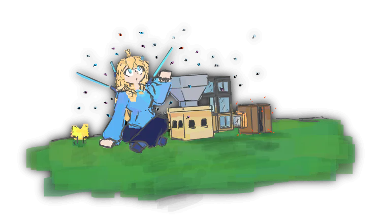 Aqua sitting on the ground next to an automated apiary, surrounded by bees, looking at them in awe